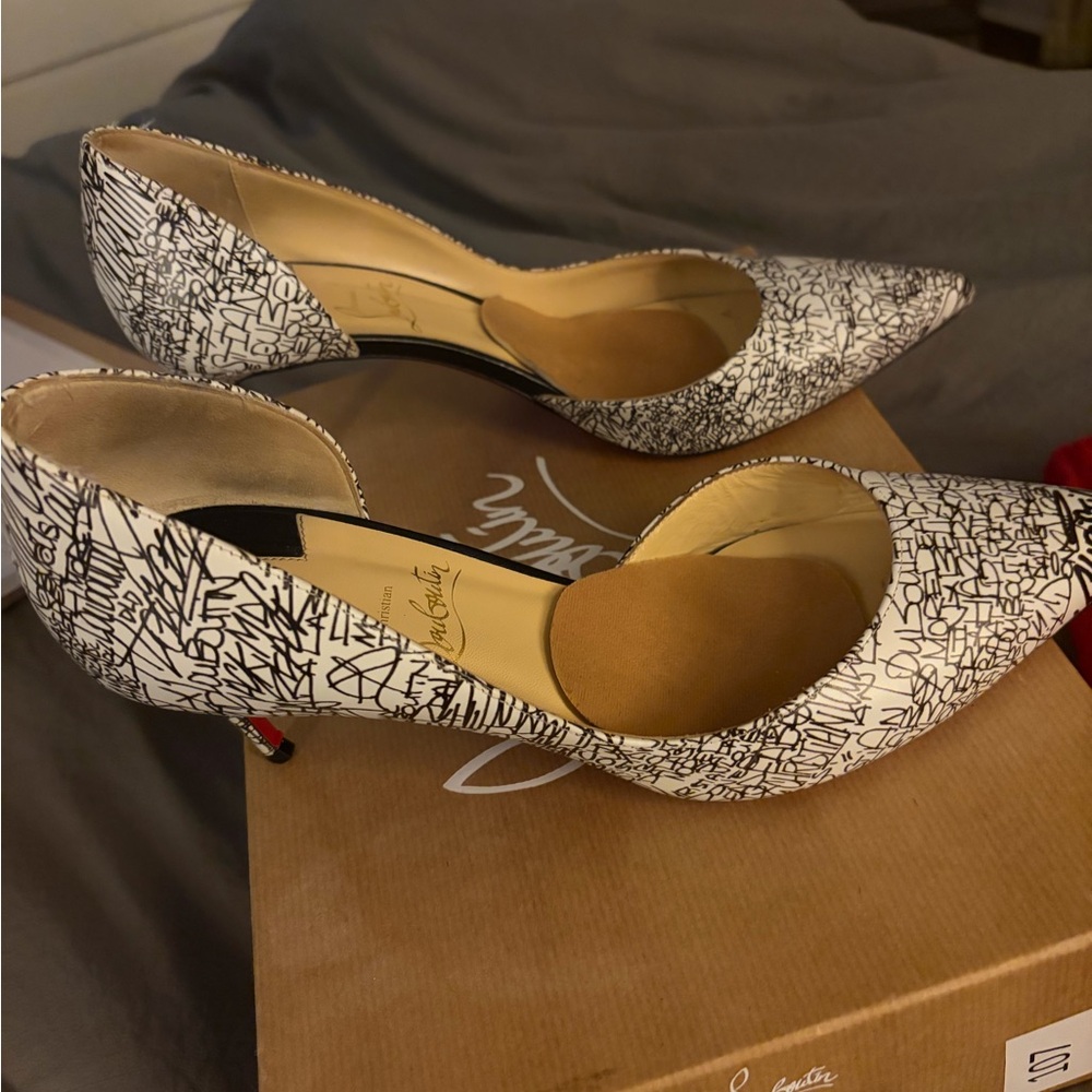 Christian Louboutin White and Black Script Pointed-Toe Pumps - Picture 3 of 10